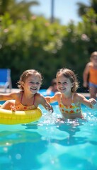 Obraz premium Kids joyfully splashing in a sunny outdoor pool, inflatable toys bobbing nearby Perfect for summer fun, vacation, and carefree childhood imagery , relaxation, vibrant