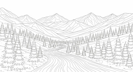 Fototapeta premium Detailed line art illustration of a winding road through a forest of pine trees with majestic mountains in the background, perfect for a coloring book.