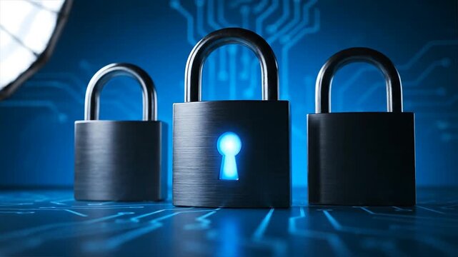 Three padlocks on a digital circuit board background for security concept