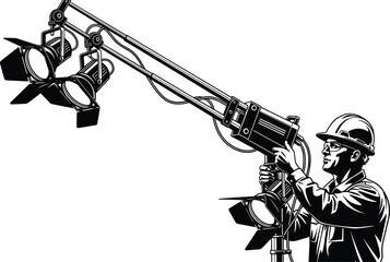 Man in hard hat adjusting large studio lighting equipment worker engineer technician © MDGOLAM