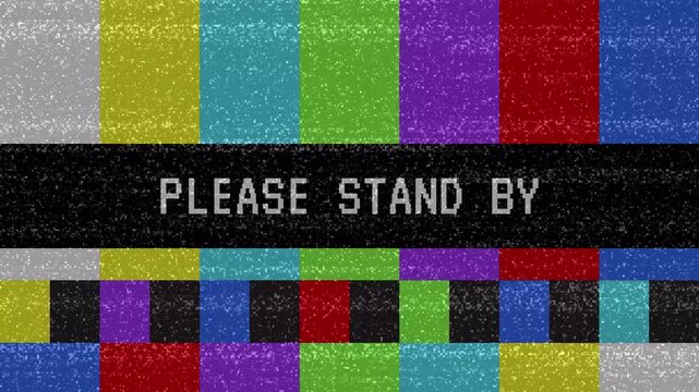 Retro Television Static Screen With Please Stand By Message And Colorful Bars And Glitches