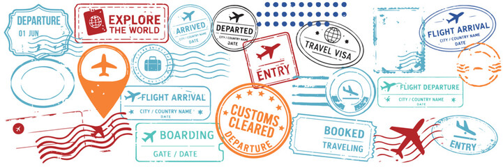 Plakat Vintage passport travel stamps collection with flight arrival departure boarding visa and airport markings isolated for tourism, vacation and airline travel design