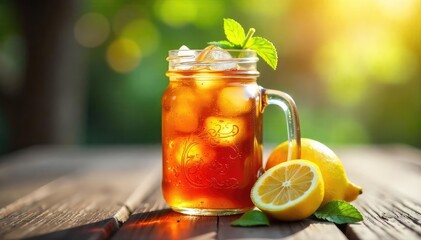 Fototapeta premium Refreshing iced tea in a mason jar with lemon wedges and ice cubes, perfect for a hot summer day , glassware, ice