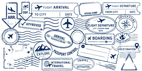 Vintage passport travel stamps collection with flight arrival departure boarding visa and airport markings isolated for tourism, vacation and airline travel design © ink drop