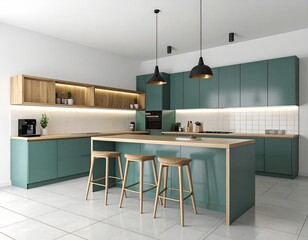 Modern kitchen with teal cabinets, wooden accents, island with stools, and pendant lights