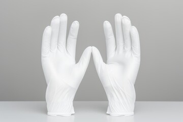 Obraz premium Protective white medical gloves standing on a white surface with a grey background, offering a sterile and safe approach