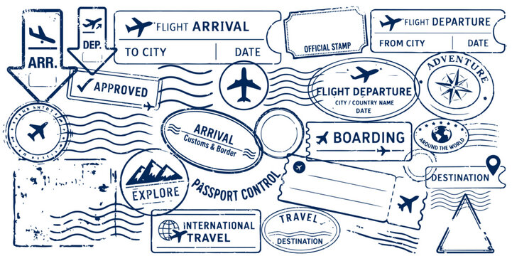 Vintage passport travel stamps collection with flight arrival departure boarding visa and airport markings isolated for tourism, vacation and airline travel design