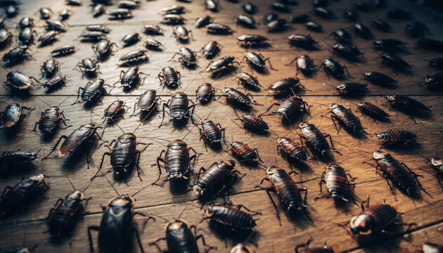 Cockroaches swarming across wooden kitchen floor