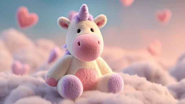 Adorable unicorn plush toy sitting on fluffy clouds with floating hearts in a serene dreamy scene