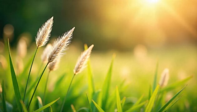 Soft, delicate feathery grass swaying gently in the breeze, bathed in warm sunlight A tranquil and peaceful nature scene perfect for background or design use , vibrant, light