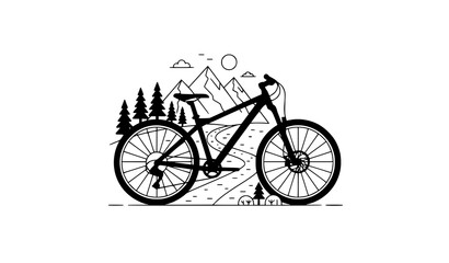 Fototapeta premium Mountain Bike and Nature Landscape Vector Adventure Cycling Illustration Isolated on White