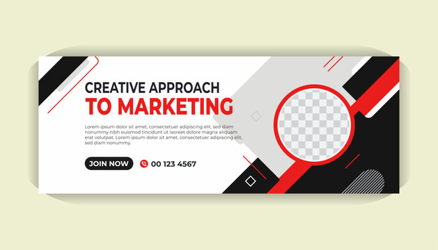 Professional Facebook cover banner design with sleek white background, vivid red shapes, modern layout and editable photo space