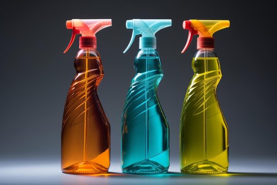 Three colorful plastic cleaning spray bottles standing on gray background, representing cleaning products and household chores