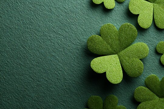 A vibrant St. Patrick's Day background featuring green shamrocks on a textured surface, perfect for festive celebrations and lucky greetings.