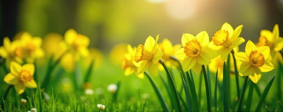Vibrant yellow daffodils blooming in a lush green spring meadow, bathed in bright sunlight Perfect for spring themes, Easter, and nature imagery , field, landscape, sunshine
