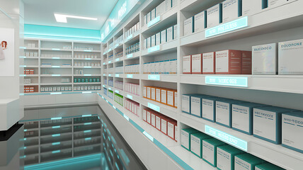 Fototapeta premium Modern pharmacy interior with neat shelves of medicine boxes and glowing blue digital label displays