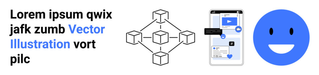 Obraz premium Blockchain technology, mobile apps, digital communication, user interface, social media, emoticons. Diagram of connected blocks, smartphone screen and blue happy face. Blockchain and mobile apps
