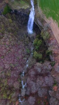 Aerial view from a drone of the Artazul Waterfall in Aizp&uacute;n in the Ollo Valley. Navarre, Spain. Europe