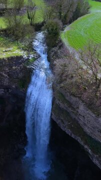 Aerial view from a drone of the Artazul Waterfall in Aizp&uacute;n in the Ollo Valley. Navarre, Spain. Europe