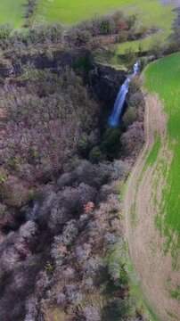 Aerial view from a drone of the Artazul Waterfall in Aizp&uacute;n in the Ollo Valley. Navarre, Spain. Europe