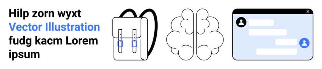 Fototapeta premium Education, technology, neuroscience, mental development, school tools, digital communication. Graphic of a backpack, brain and chat window interface. Education and technology-themed elements