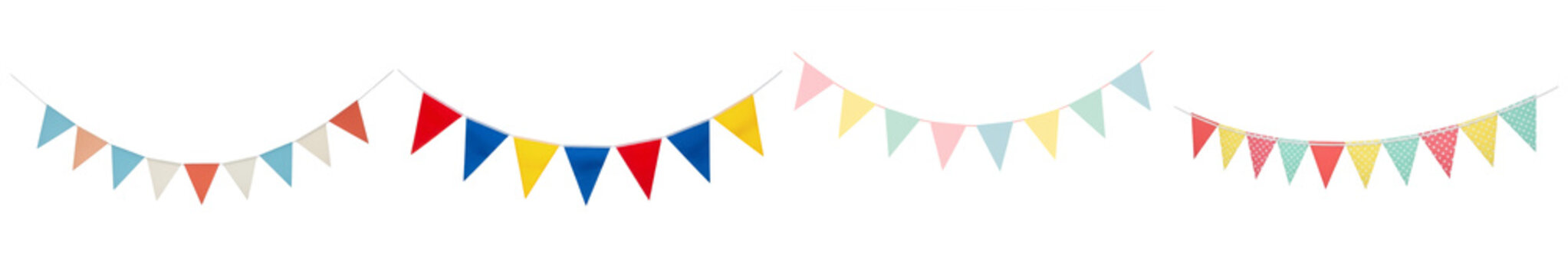 vibrant photograph of festive party decorations, featuring colorful triangular pennant banners for celebratory events.