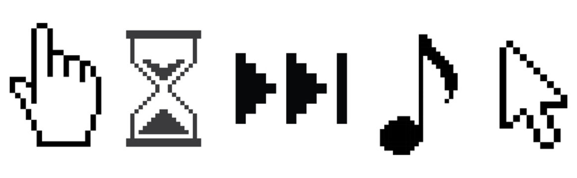 photograph of pixelated retro cursor icons, including a hand pointer, hourglass, fast-forward, and arrow for user interface.