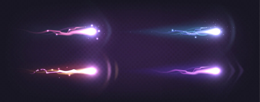 Futuristic laser gun firing effects set isolated on transparent background. Vector realistic illustration of bright energy beams, plasma trails, dynamic blast elements for space games, comics designs