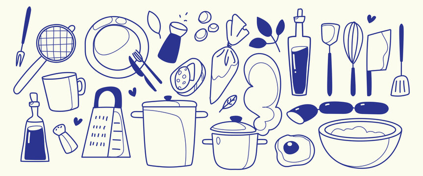 Doodle set of kitchen items and food isolated on white background. Vector illustration of cooking utensils, pots, chef tools, hand-drawn outline kitchenware, fruit and vegetables for culinary designs