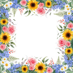 Obraz premium Gemini saidA vibrant floral frame design featuring a spring nature border with pink blossom flowers, green leaves, and daisy ornaments in a vector illustration pattern for a decorative card