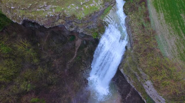Aerial view from a drone of the Artazul Waterfall in Aizp&uacute;n in the Ollo Valley. Navarre, Spain. Europe