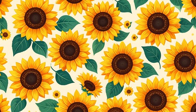 Sunflowers and foliage create an eye-catching allover pattern against a soft, off-white background