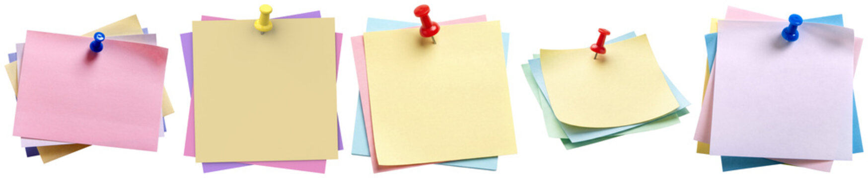 a vibrant photograph featuring four colorful stacks of blank notepaper, each secured with a pushpin, neatly arranged against a minimalist transparent background for a clean display.