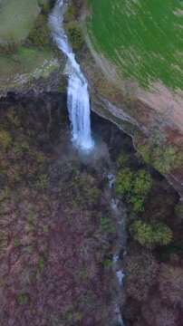Aerial view from a drone of the Artazul Waterfall in Aizp&uacute;n in the Ollo Valley. Navarre, Spain. Europe