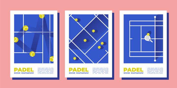 Padel tournament posters. Set of vector illustrations with court, rackets and ball, modern sport match flat banner design. Paddle tennis event flyers and competition templates