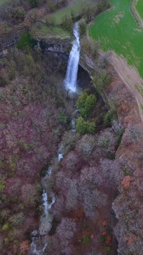 Aerial view from a drone of the Artazul Waterfall in Aizp&uacute;n in the Ollo Valley. Navarre, Spain. Europe