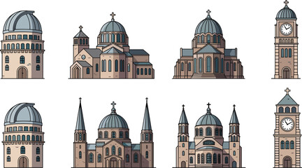 Church and Cathedral Architecture Collection with Domes Towers and Cross Symbols Vector Illustration Set for Christian Religion Buildings and Landmark Design © MstRoysha