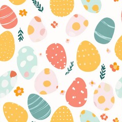 cute cartoon pattern with easter eggs, seamless pattern, white background, pastel colors, vector illustration, flat design