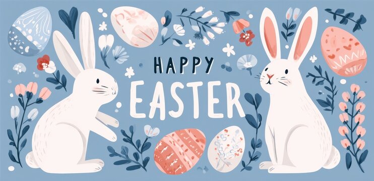 easter eggs, bunnies, and flowers, a simple flat illustration in pastel colors. the text "happy easter" is in the middle of the background, with a blue color palette