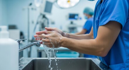 Surgeon meticulously washing hands in operating room sink before surgery.