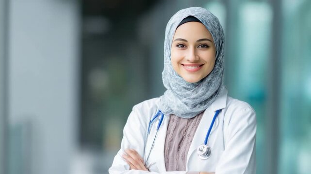Confident Doctor: A skilled healthcare professional, adorned in a headscarf, exudes confidence, embodying dedication and compassion within a modern clinical setting. 