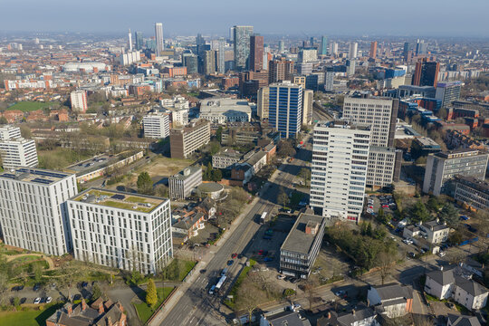 Aerial view of Hagley Road and Edgbaston business district in Birmingham, UK. 