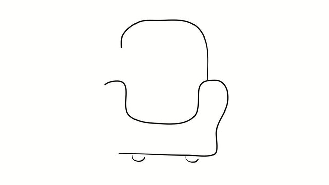 Armchair, upholstered furniture, interior. Contour drawing, silhouett animation. Continuous line. Isolated on white. Video 4k object illustration self-drawing. Object construction. Minimalist continuo