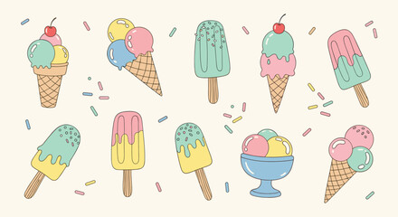A delightful assortment of colorful ice cream cones and popsicles adorned with sprinkles and cherries perfect for summer treats and frozen desserts