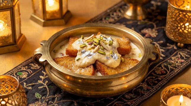 Traditional Shahi Tukra Dessert in a Brass Bowl with Rabri, Pistachios, and Silver Vark.