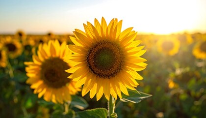 Obraz premium Sunflowers fill a field with sunny yellow petals as the sun sets on the horizon, creating a warm and inviting scene