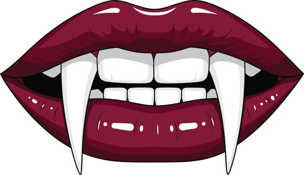 Vampire Lips with Sharp Fangs Cartoon Halloween Horror Vector Illustration for Spooky Vampire Character, Gothic Theme, and Halloween Design