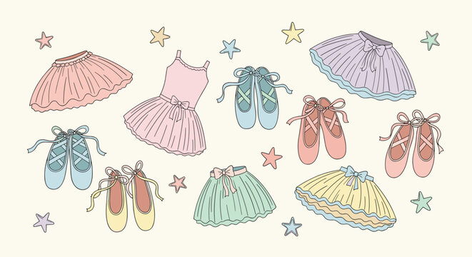 Charming collection of ballet slippers and tutus in pastel colors, evoking a sense of childhood dreams and artistic expression