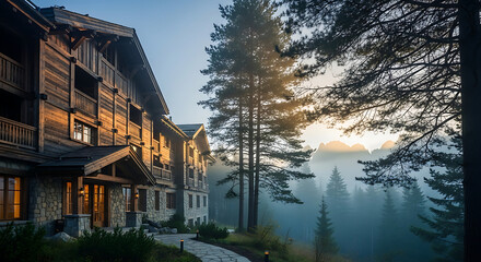 Obraz premium Luxury Chalet in Misty Mountains high background