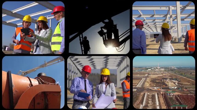 Construction Site Project Management Team Meeting with Heavy Machinery Multiscreen Video. Explore the complete series of construction industry footage-search HEAVY-CONSTRUCT-IND-2026 in the search bar